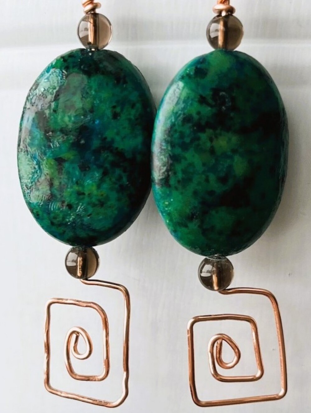 Chrysocolla and Smoky Quartz with Copper Genuine Gemstone Earrings, Handmade
